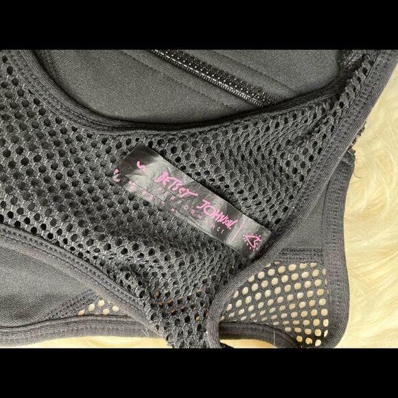 Betsey Johnson black Performance Zip Front Mesh Yoga Sports Bra sz small - Picture 4 of 9